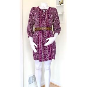 purple and white ikat geometric print flowy 3/4 sleeve tunic dress